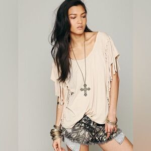 NWT Free People Fantasy Fringe Tan Boho Festival Oversize Hippie Tee Shirt XS